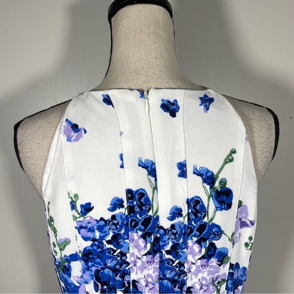 Adrianna Papell White Blue Floral Halter Neck Fit and Flare Sleeveless Dress 10 - Picture 9 of 11